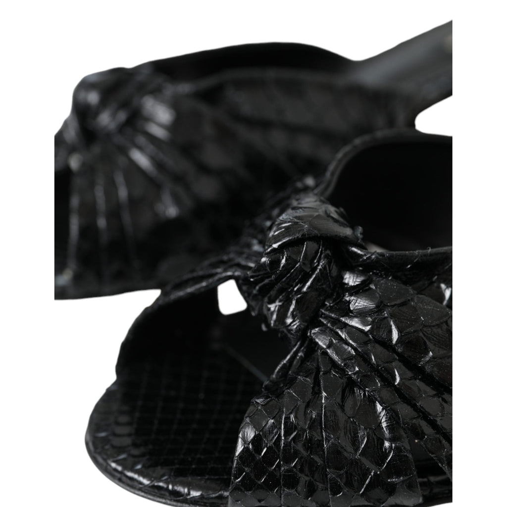 Dolce & Gabbana black exotic leather slide heels with open toes and sleek design, perfect for elegant summer footwear.