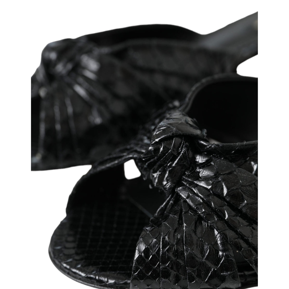 Dolce & Gabbana black exotic leather slide heels with open toes and sleek design, perfect for elegant summer footwear.