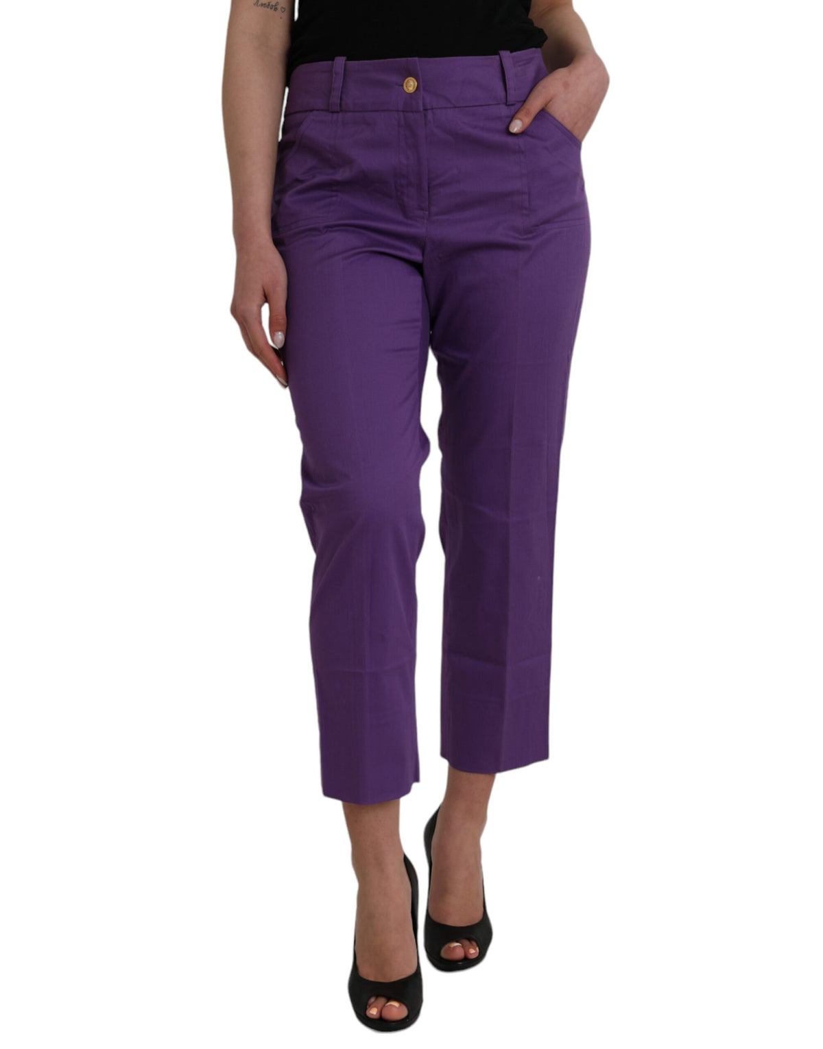 BENCIVENGA Purple Cotton MidWaist Straight Cropped Pants - Eljoys Fashion 