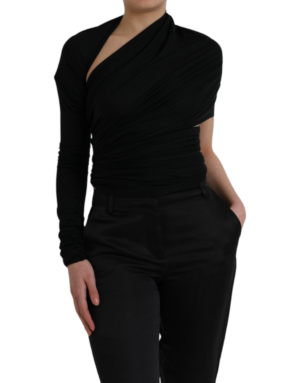 Dolce & Gabbana Black Wool Cutout Asymmetric Long Sleeve Top - Eljoys Fashion 