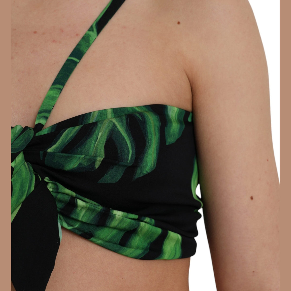 Dolce & Gabbana Black Green Leaf Silk Halter Cropped Top