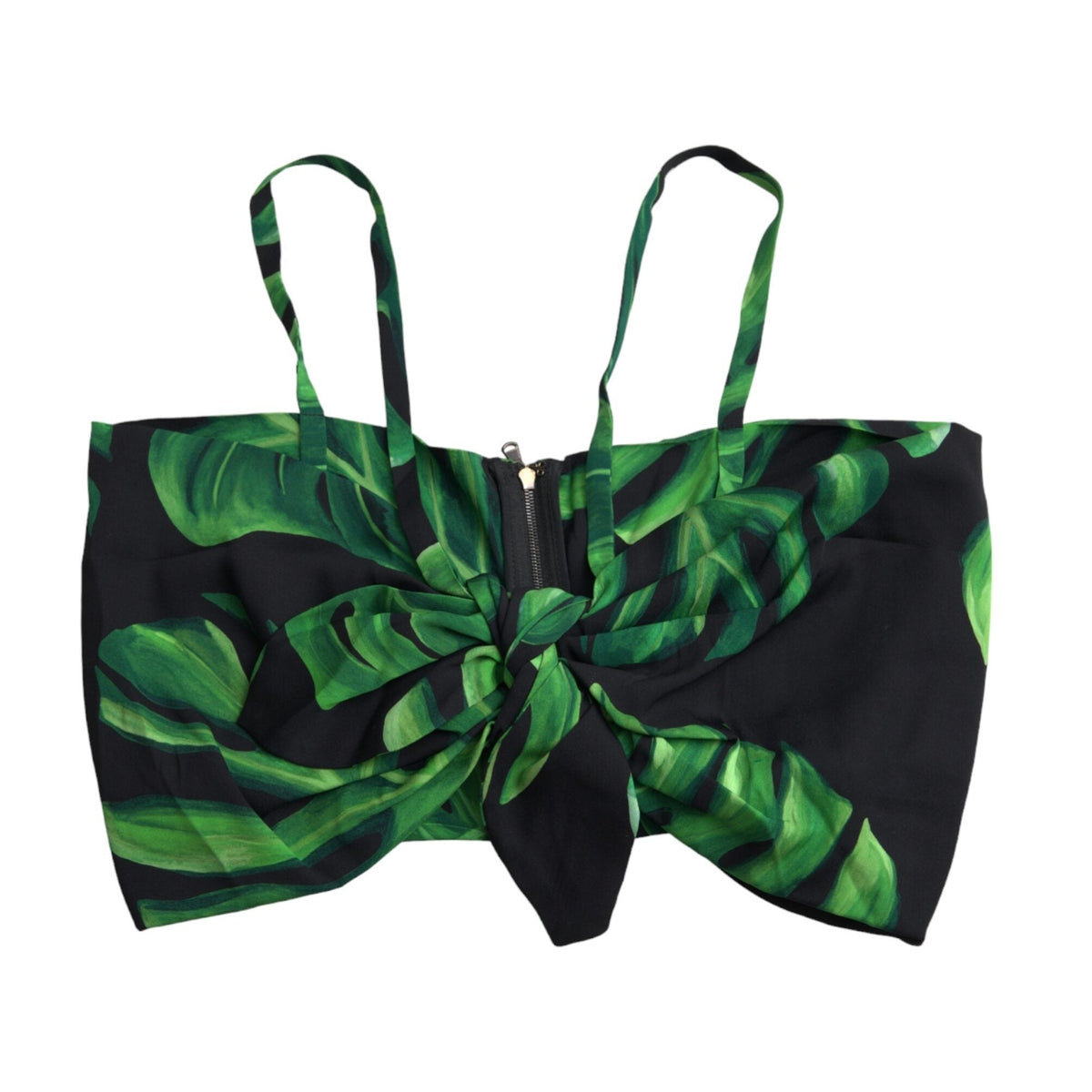 Dolce & Gabbana Black Green Leaf Silk Halter Cropped Top