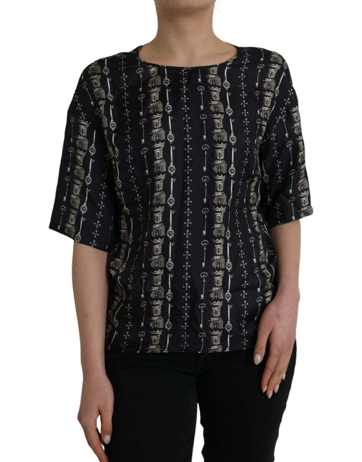 Dolce & Gabbana Black Key Castle Print Silk Blouse T-shirt - Eljoys Fashion 