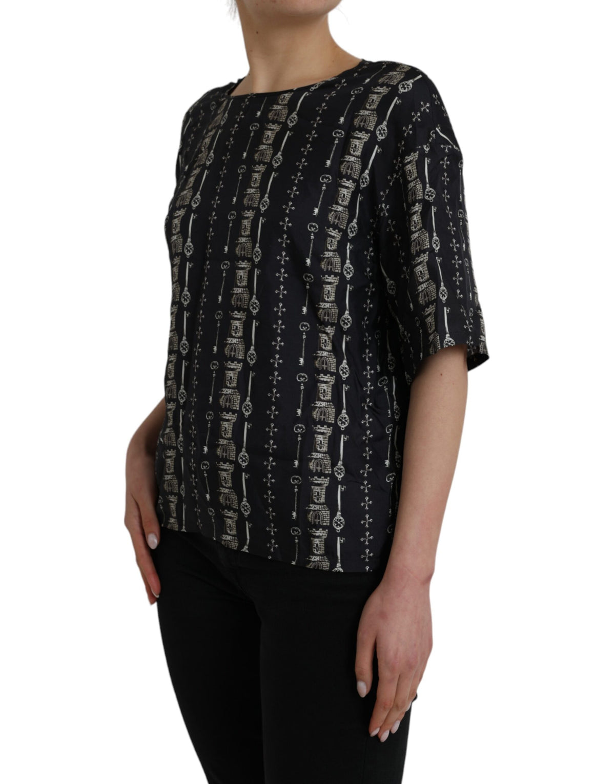 Dolce & Gabbana Black Key Castle Print Silk Blouse T-shirt - Eljoys Fashion 