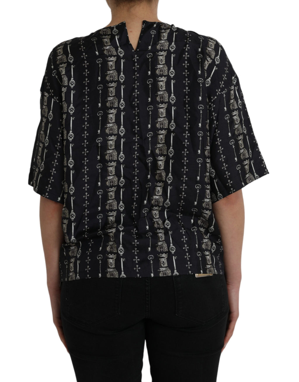 Dolce & Gabbana Black Key Castle Print Silk Blouse T-shirt - Eljoys Fashion 