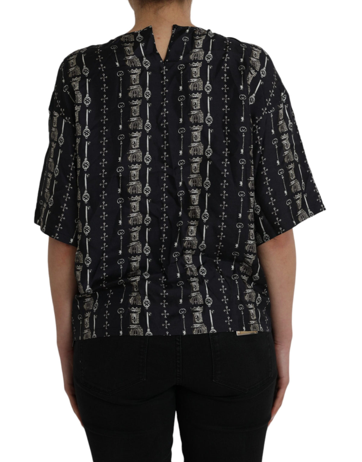 Dolce & Gabbana Black Key Castle Print Silk Blouse T-shirt - Eljoys Fashion 