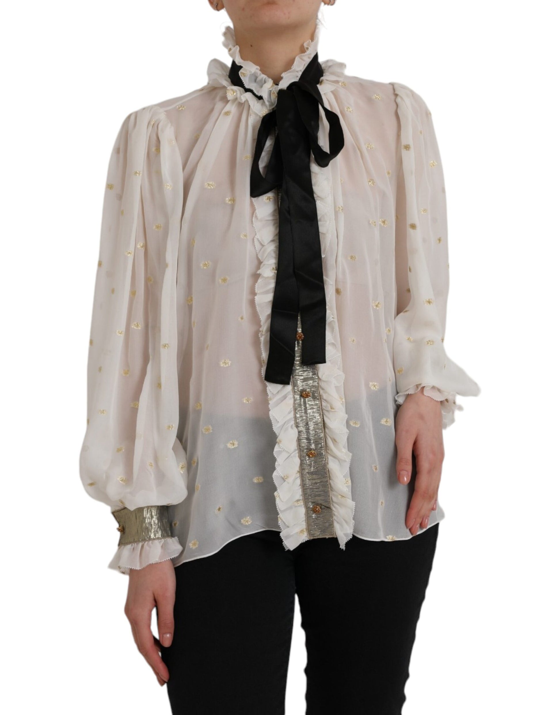 Dolce & Gabbana Off White Silk Blend Ascot Collar Blouse Top Dolce & Gabbana