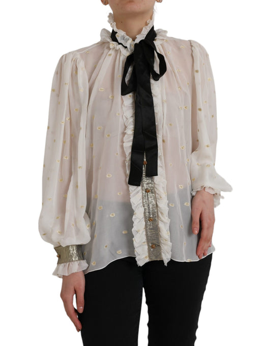 Dolce & Gabbana Off White Silk Blend Ascot Collar Blouse Top Dolce & Gabbana