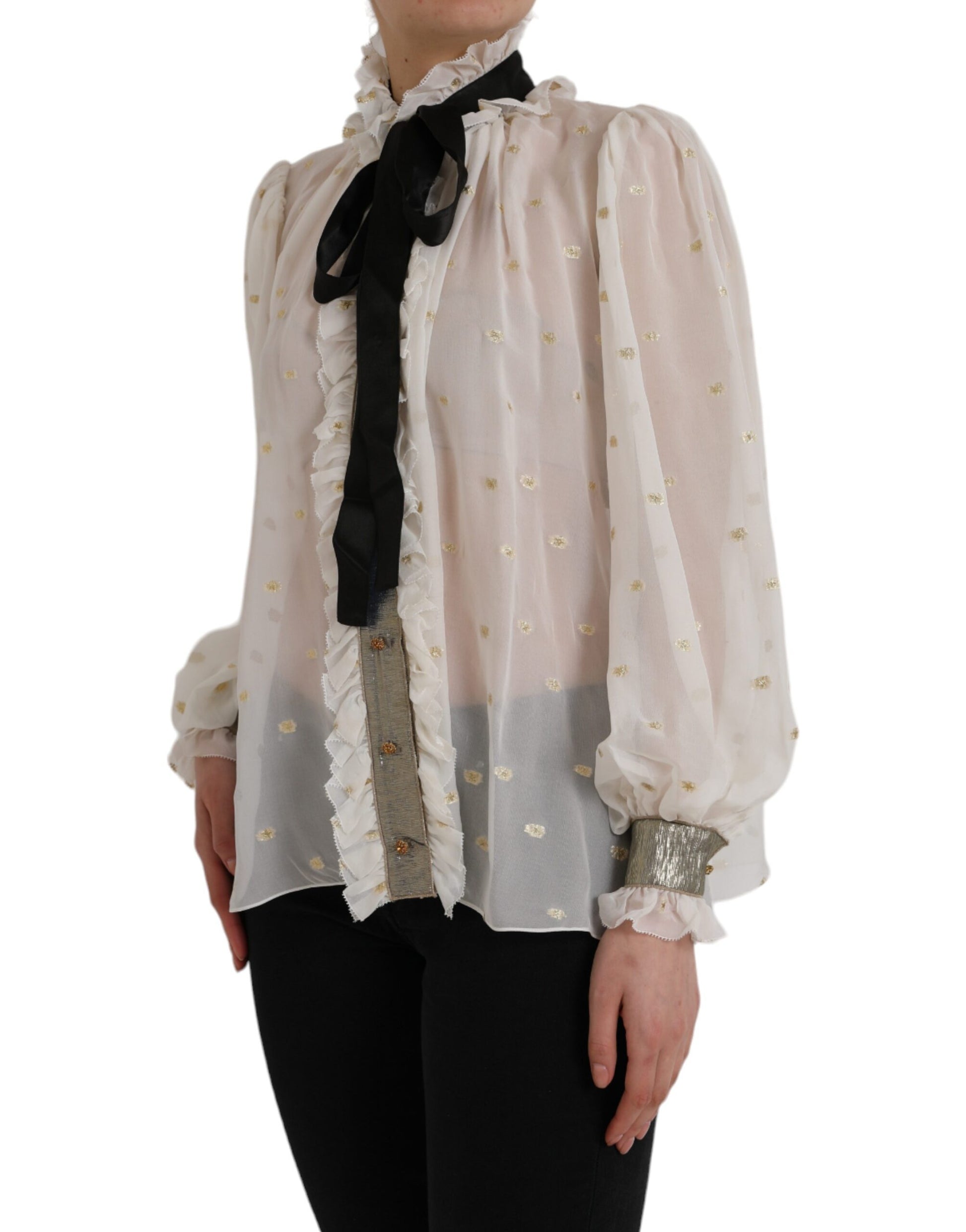 Dolce & Gabbana Off White Silk Blend Ascot Collar Blouse Top Dolce & Gabbana