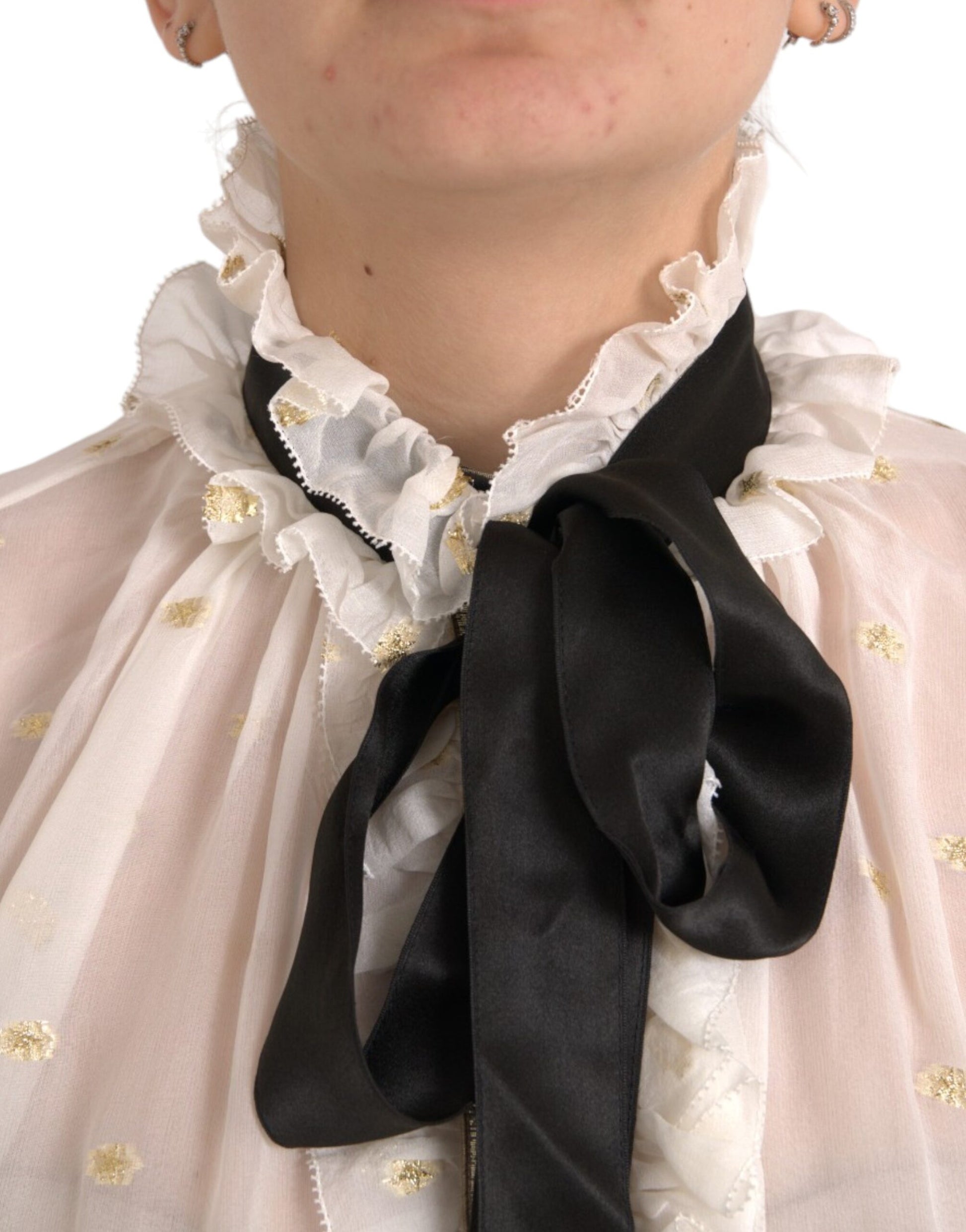 Dolce & Gabbana Off White Silk Blend Ascot Collar Blouse Top Dolce & Gabbana