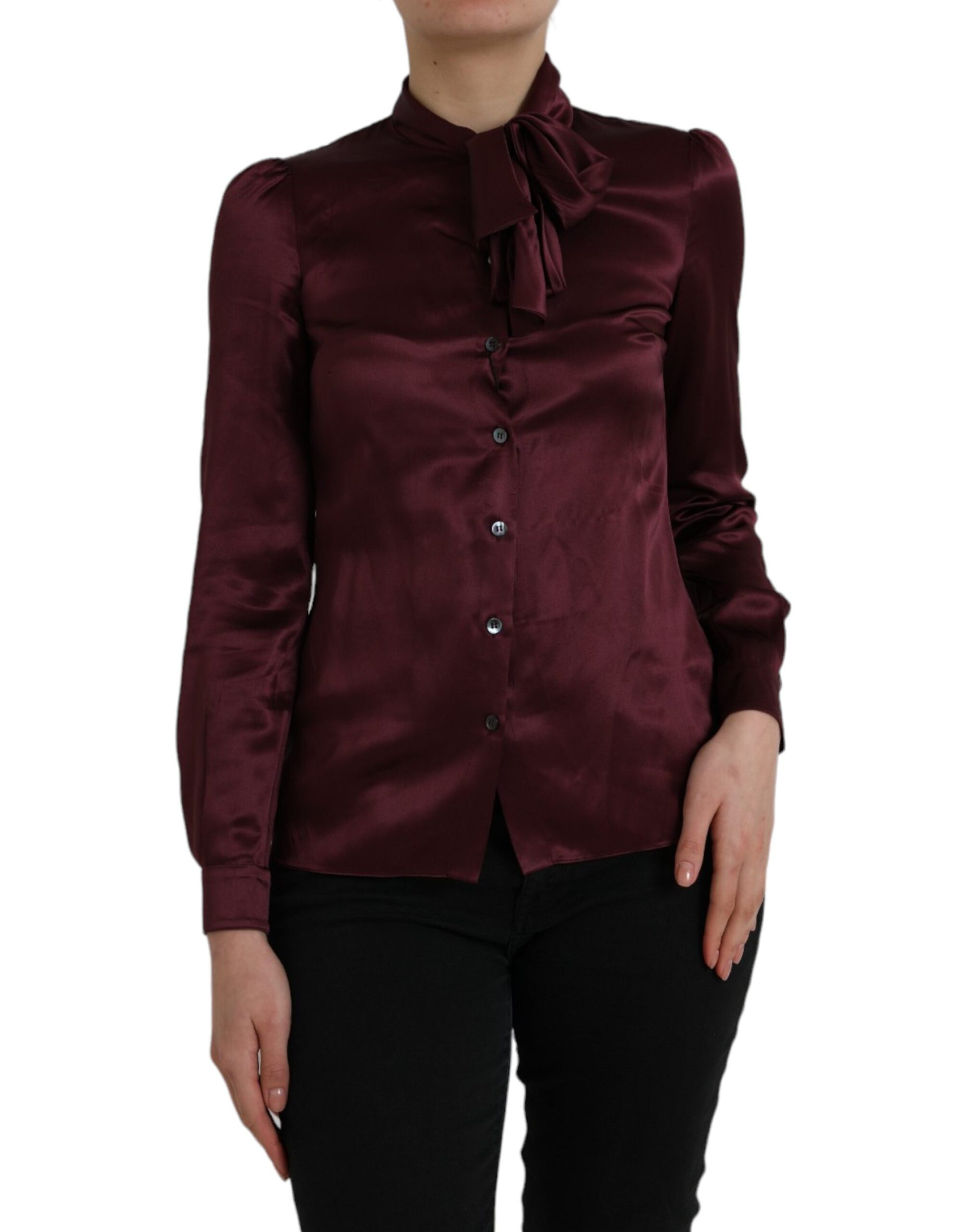 Dolce & Gabbana Maroon Ascot Collar Long Sleeve Top Blouse Dolce & Gabbana