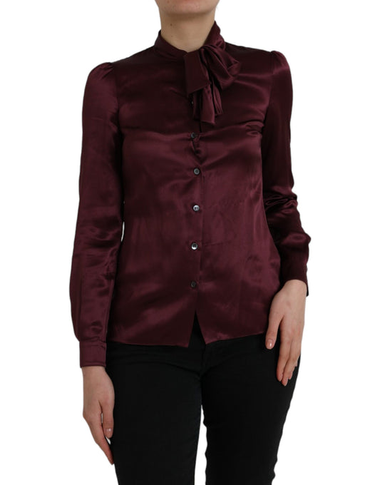 Dolce & Gabbana Maroon Ascot Collar Long Sleeve Top Blouse Dolce & Gabbana