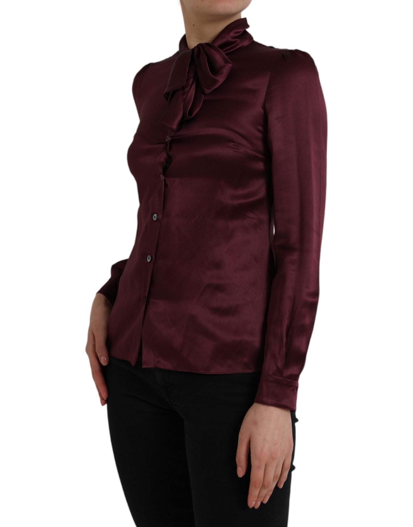 Dolce & Gabbana Maroon Ascot Collar Long Sleeve Top Blouse Dolce & Gabbana