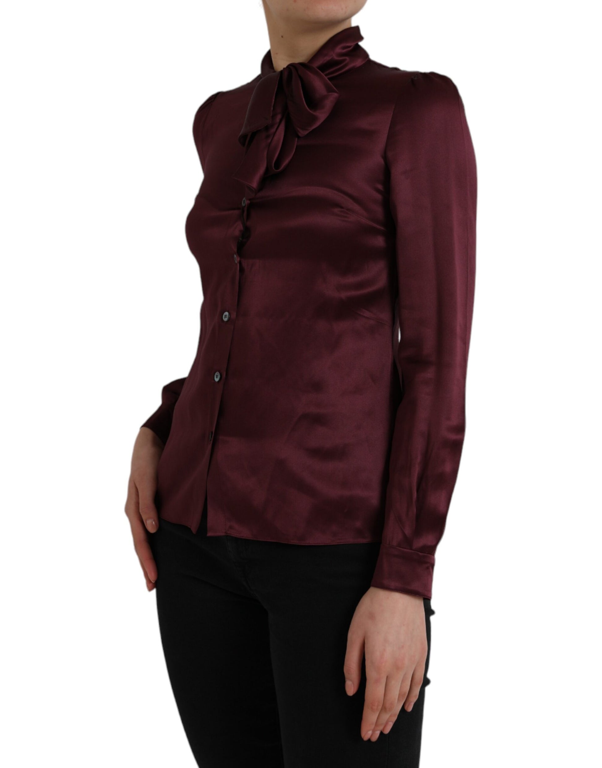 Dolce & Gabbana Maroon Ascot Collar Long Sleeve Top Blouse Dolce & Gabbana