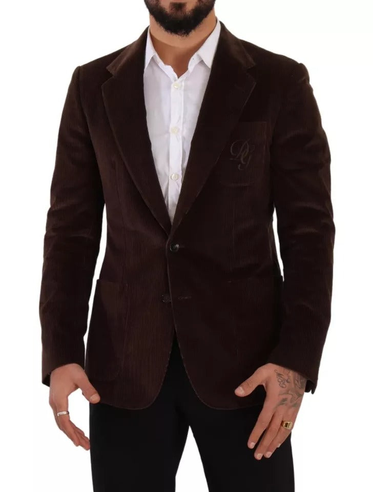 Dolce & Gabbana Brown Corduroy Slim Fit Coat DG Logo Blazer - Eljoys Fashion 