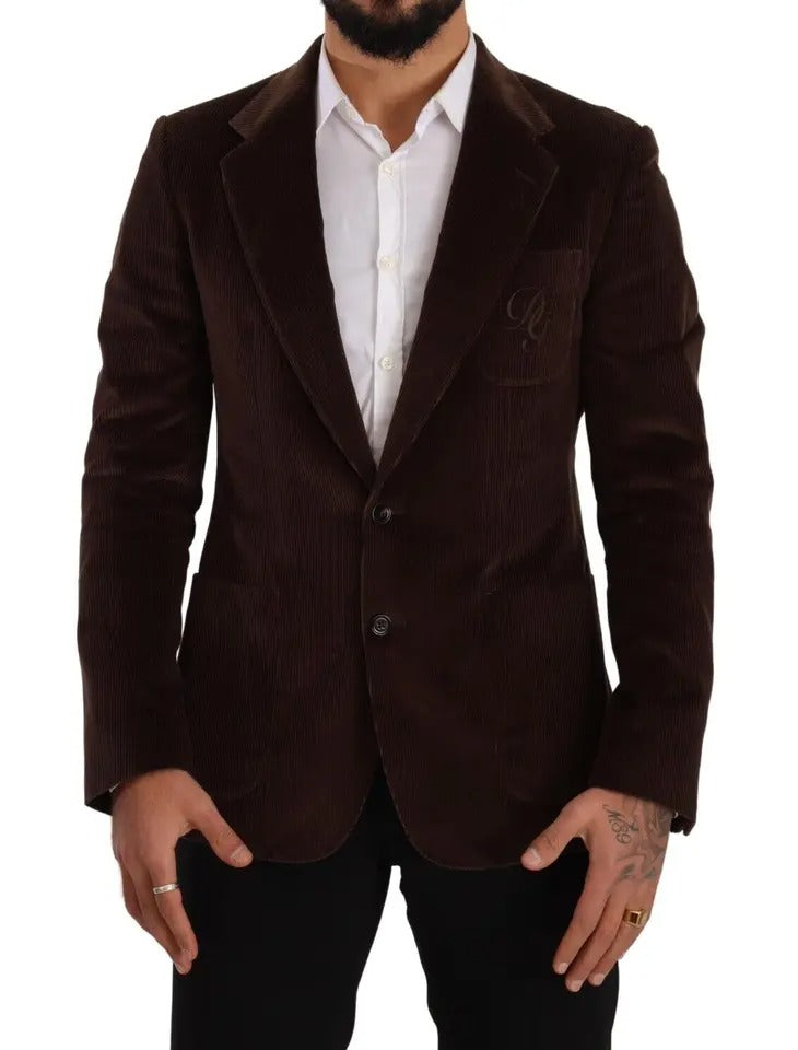 Dolce & Gabbana Brown Corduroy Slim Fit Coat DG Logo Blazer - Eljoys Fashion 
