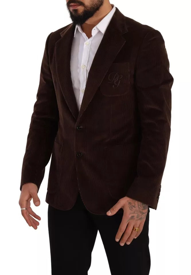 Dolce & Gabbana Brown Corduroy Slim Fit Coat DG Logo Blazer - Eljoys Fashion 