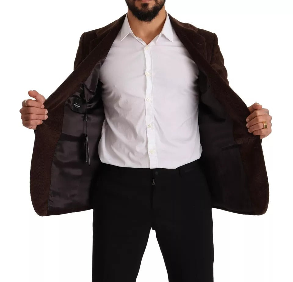 Dolce & Gabbana Brown Corduroy Slim Fit Coat DG Logo Blazer - Eljoys Fashion 