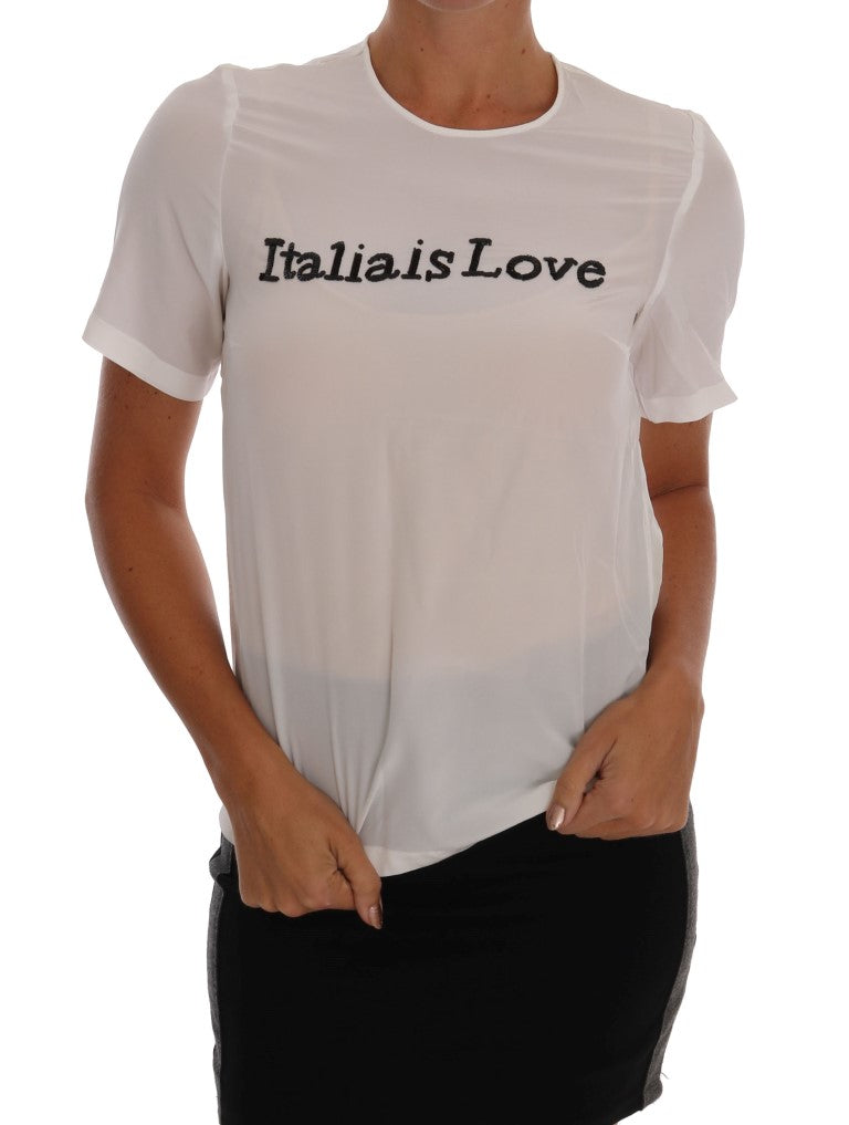 Dolce & Gabbana White Silk ITALIA IS LOVE Blouse T-shirt Dolce & Gabbana