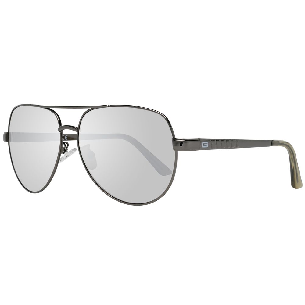 Guess gray metal sunglasses with round frames and tinted lenses on a white background