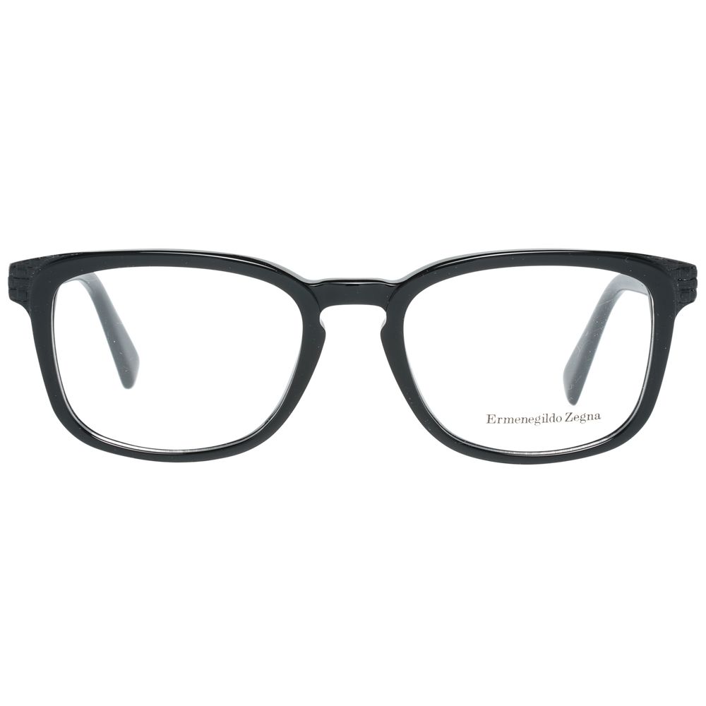 Ermenegildo Zegna black plastic eyeglasses frames with sleek design and rectangular shape for stylish eyewear.