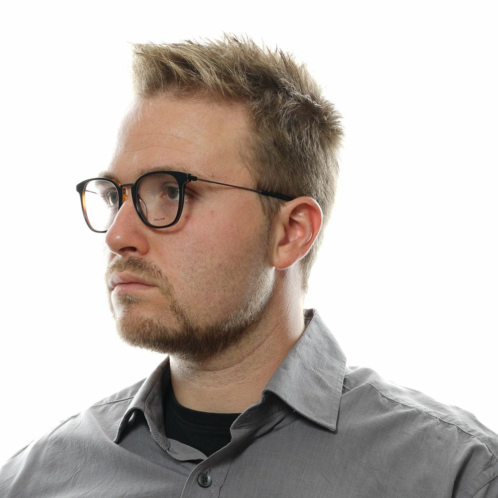 Police black metal and plastic glasses frames with sleek design and clear lenses, ideal for stylish eyewear.