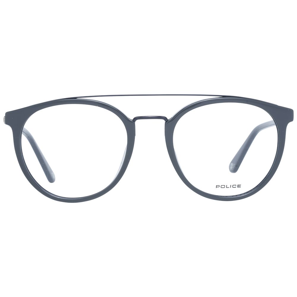 Police gray metal and plastic eyeglass frames with clear lenses, modern design and lightweight construction.