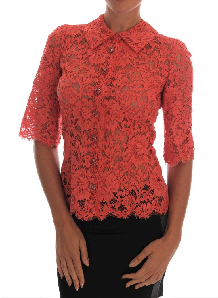 Dolce & Gabbana Orange Crystal Buttons Floral Lace Blouse Dolce & Gabbana