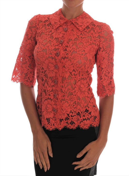 Dolce & Gabbana Orange Crystal Buttons Floral Lace Blouse Dolce & Gabbana