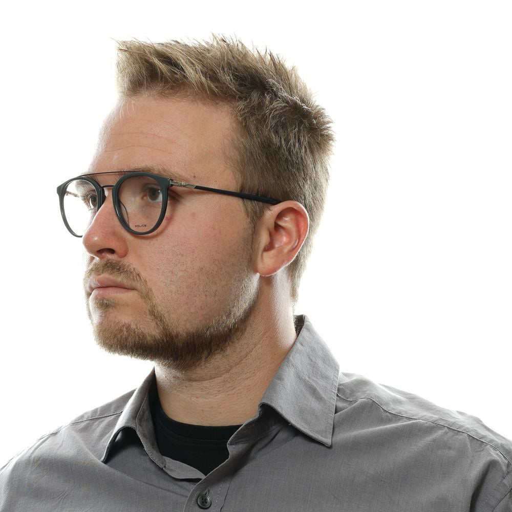 Police gray metal and plastic glasses frames with clear lenses, showcasing a sleek, modern design for stylish eyewear.