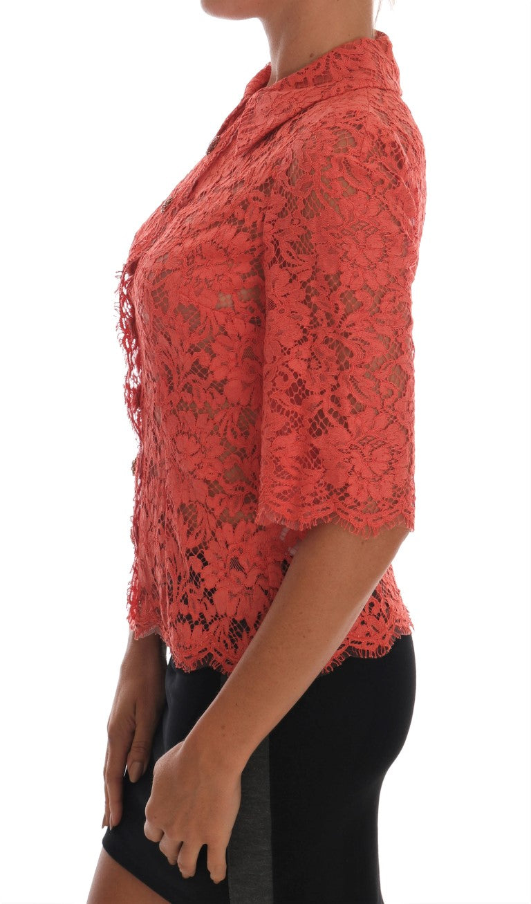 Dolce & Gabbana Orange Crystal Buttons Floral Lace Blouse Dolce & Gabbana