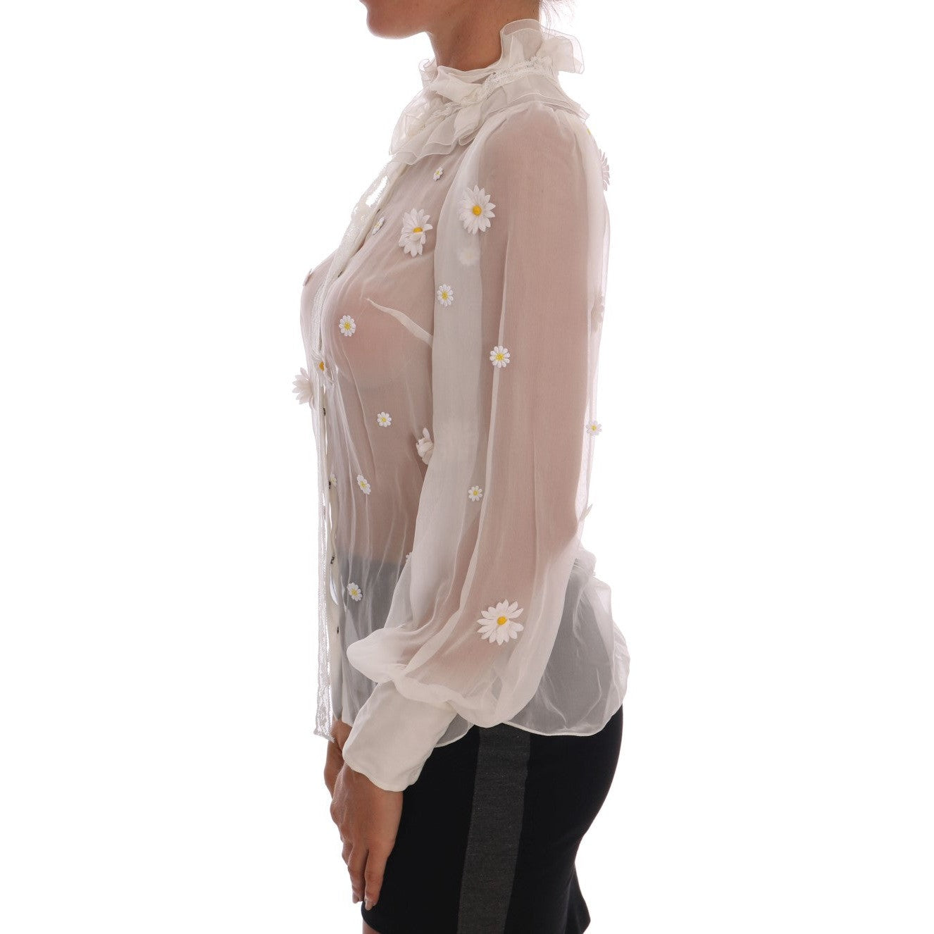 Dolce & Gabbana White Daisy Applique Silk Shirt