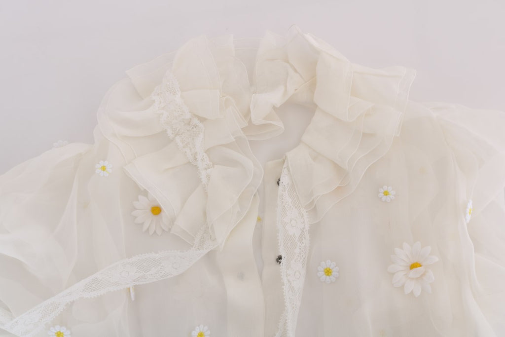 Dolce & Gabbana White Daisy Applique Silk Shirt Dolce & Gabbana