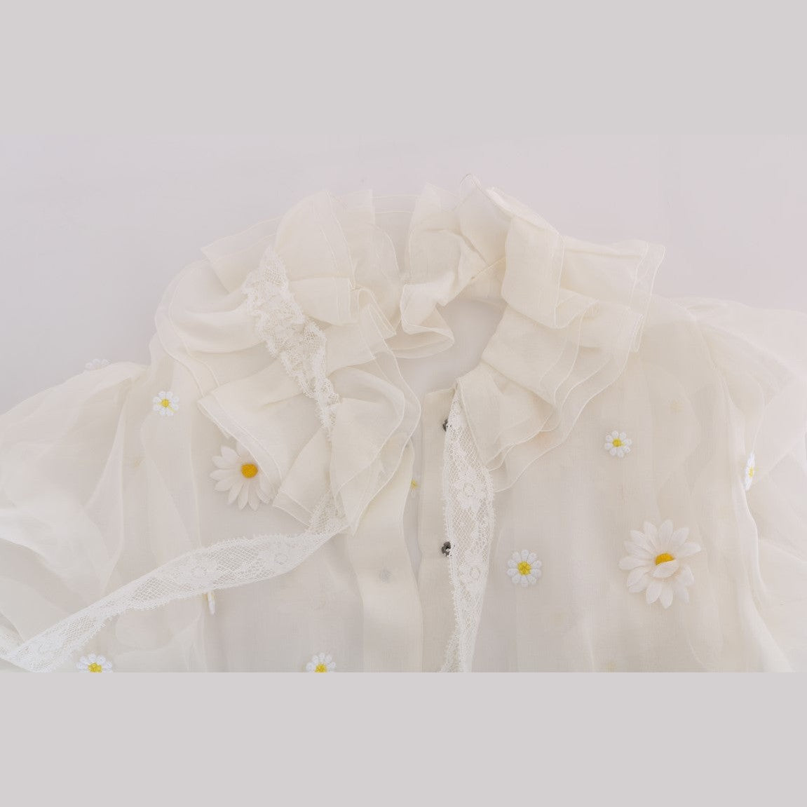 Dolce & Gabbana White Daisy Applique Silk Shirt