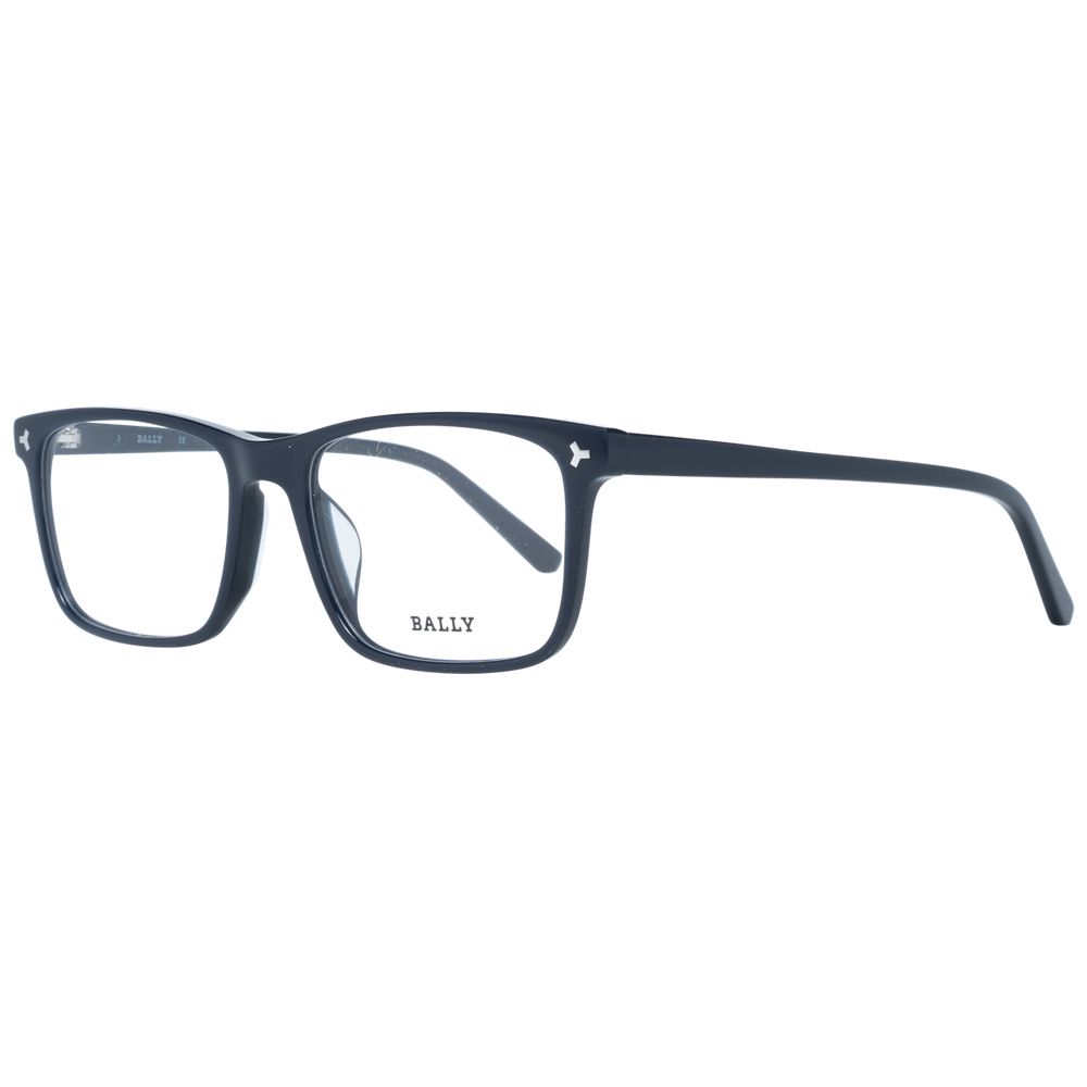 Bally black plastic eyeglass frames with a sleek, modern design, featuring smooth temples and clear lenses.