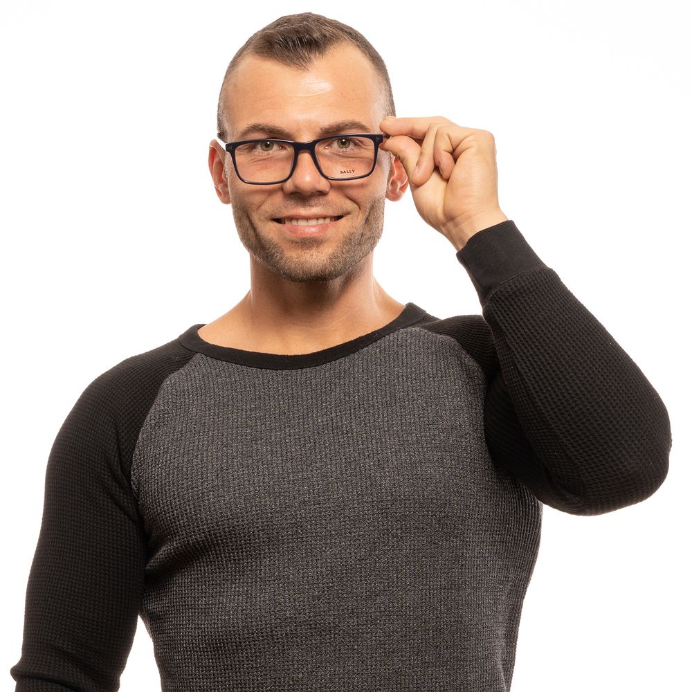 Bally black plastic eyeglass frames with a sleek, modern design and clear lenses, showcasing stylish eyewear for everyday wear.