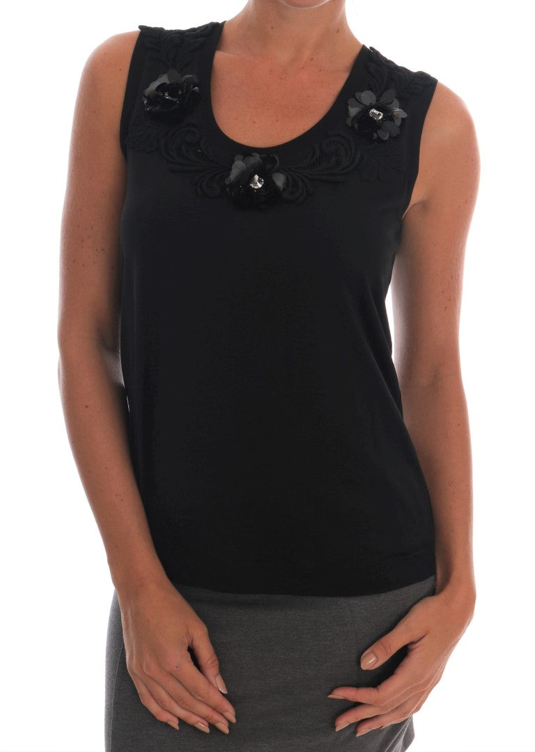 Dolce & Gabbana Black Cotton Floral Crystal Tank Top Dolce & Gabbana