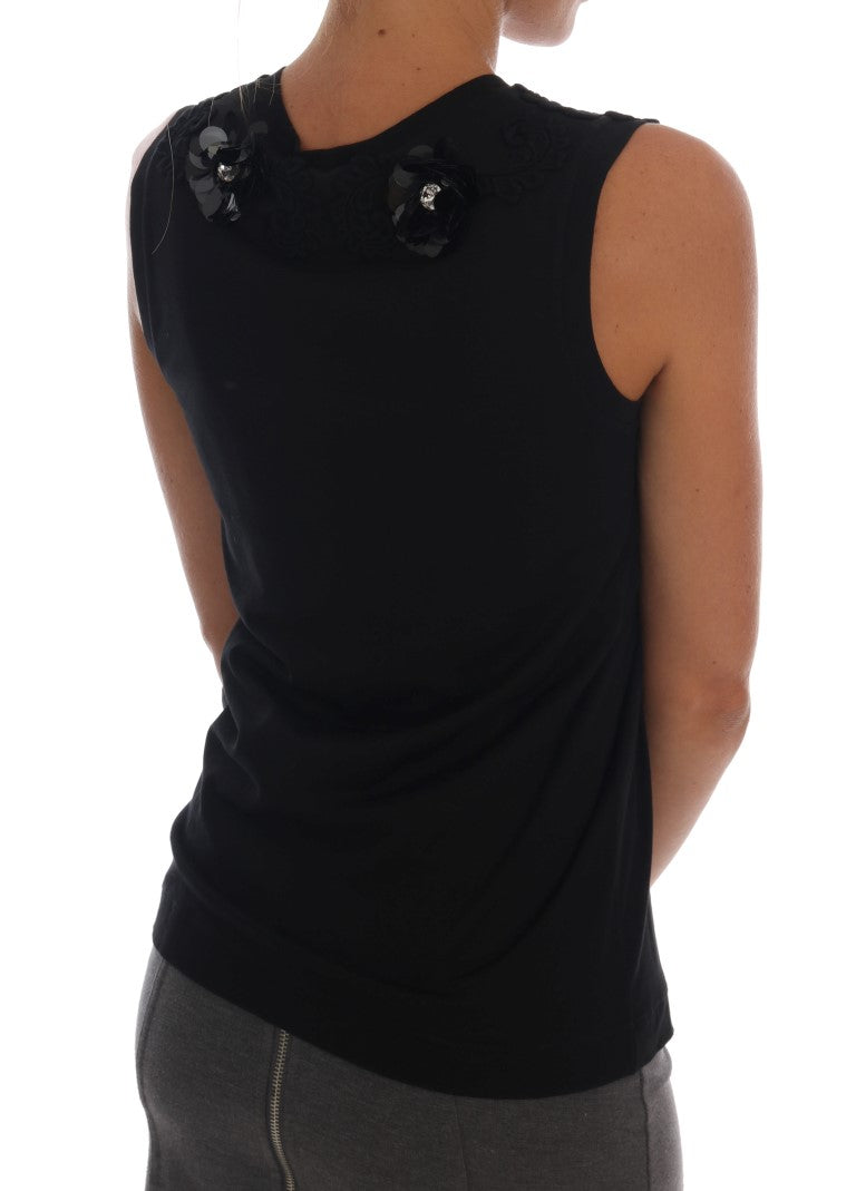 Dolce & Gabbana Black Cotton Floral Crystal Tank Top Dolce & Gabbana