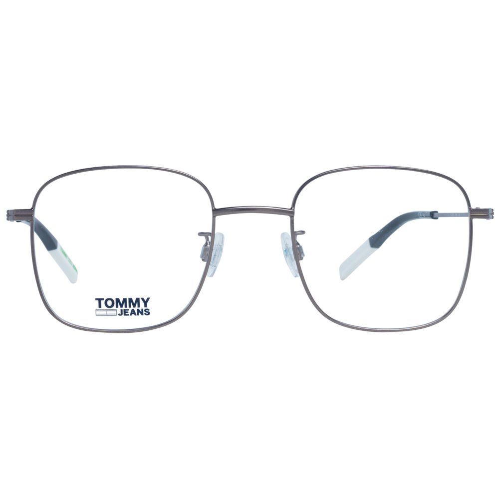 Tommy Hilfiger gray metal and plastic eyeglass frames, stylish and lightweight with adjustable nose pads and modern design.