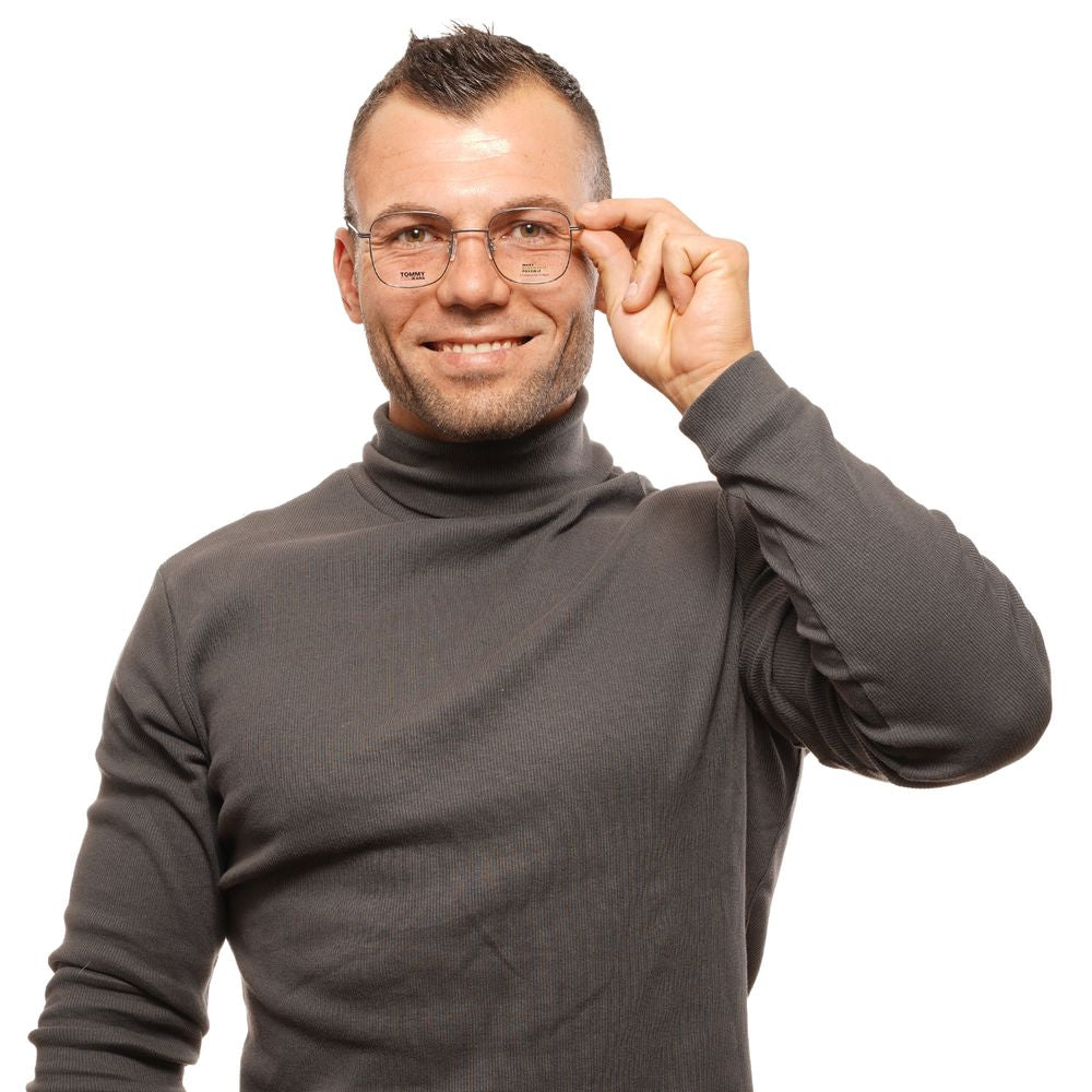 Tommy Hilfiger gray metal and plastic glasses frames with clear lenses, stylish and lightweight eyewear for everyday wear.