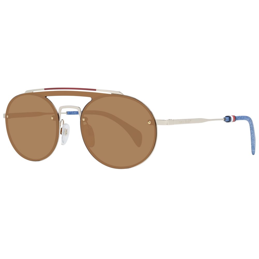 Tommy Hilfiger gold metal and plastic sunglasses with tinted lenses and sleek design.