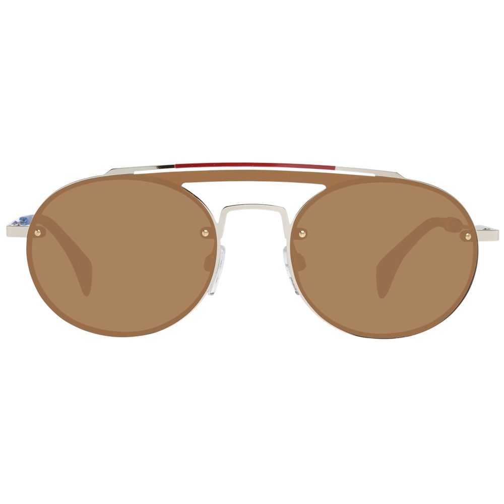 Tommy Hilfiger gold metal and plastic sunglasses with rounded frames and dark tinted lenses.