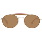 Tommy Hilfiger gold metal and plastic sunglasses with rounded frames and dark tinted lenses.