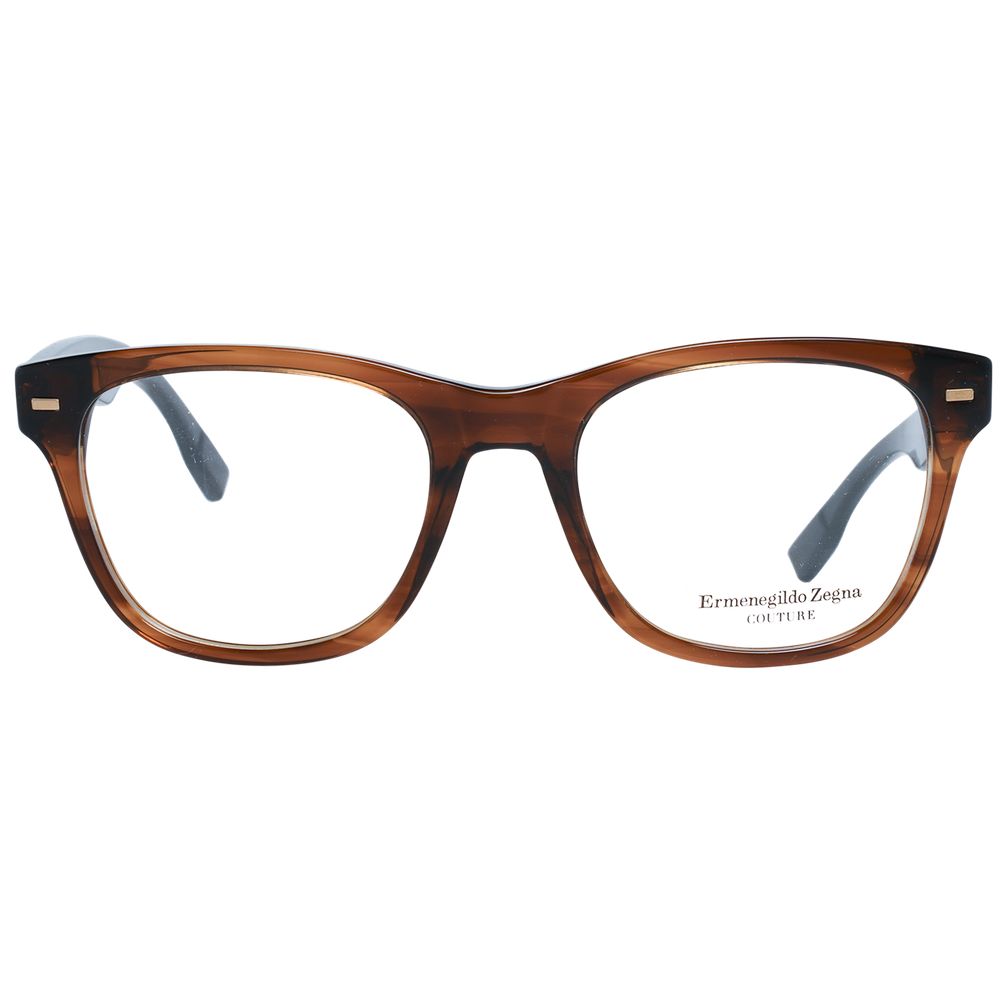 Ermenegildo Zegna brown plastic eyeglass frames with rounded design and clear lenses, stylish and lightweight for everyday wear.