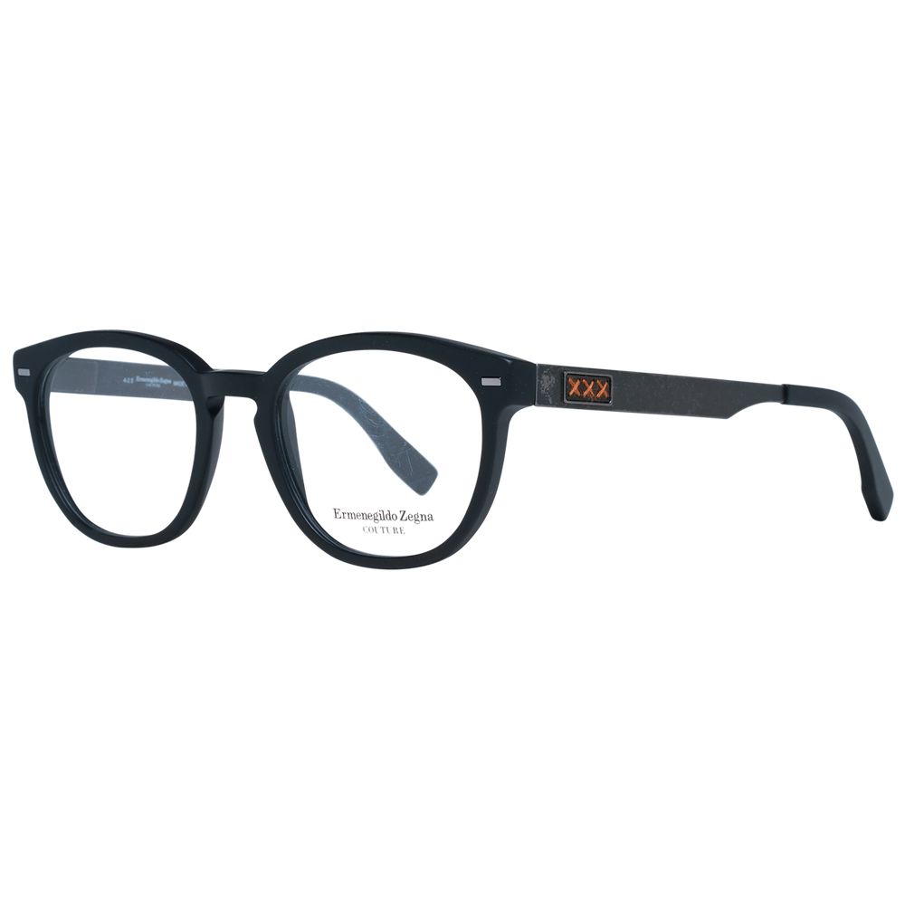 Ermenegildo Zegna black plastic eyeglass frames with sleek design and rounded edges, lightweight and stylish for everyday wear.