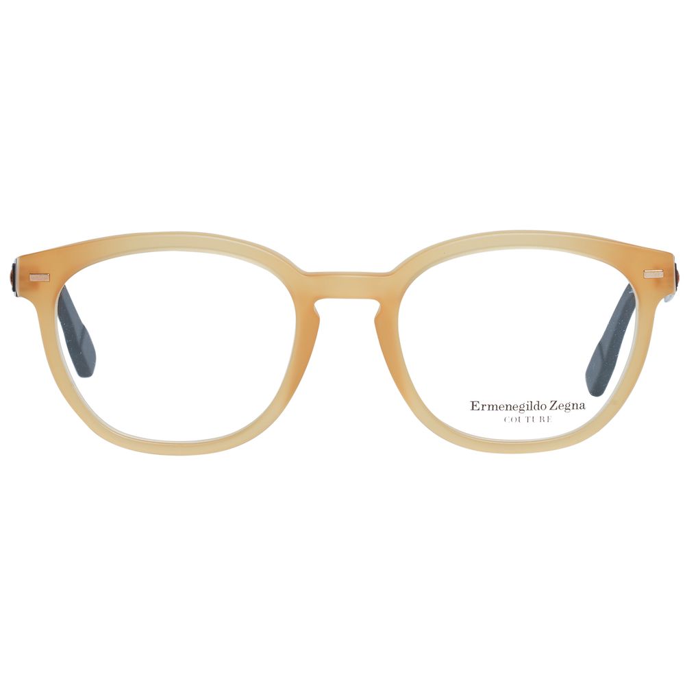 Ermenegildo Zegna orange metal and plastic glasses frames with modern design and clear lenses on a plain background.