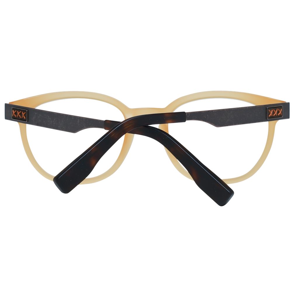 Ermenegildo Zegna orange metal and plastic eyeglass frames with rounded lenses, stylish and modern design.