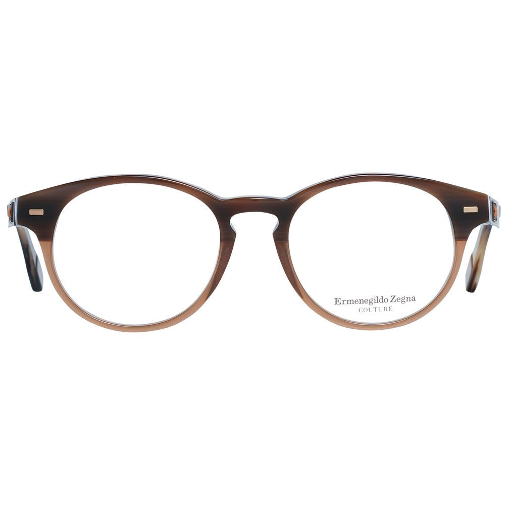 Ermenegildo Zegna brown plastic eyeglass frames with sleek design and modern style, shown on a plain background in the image.