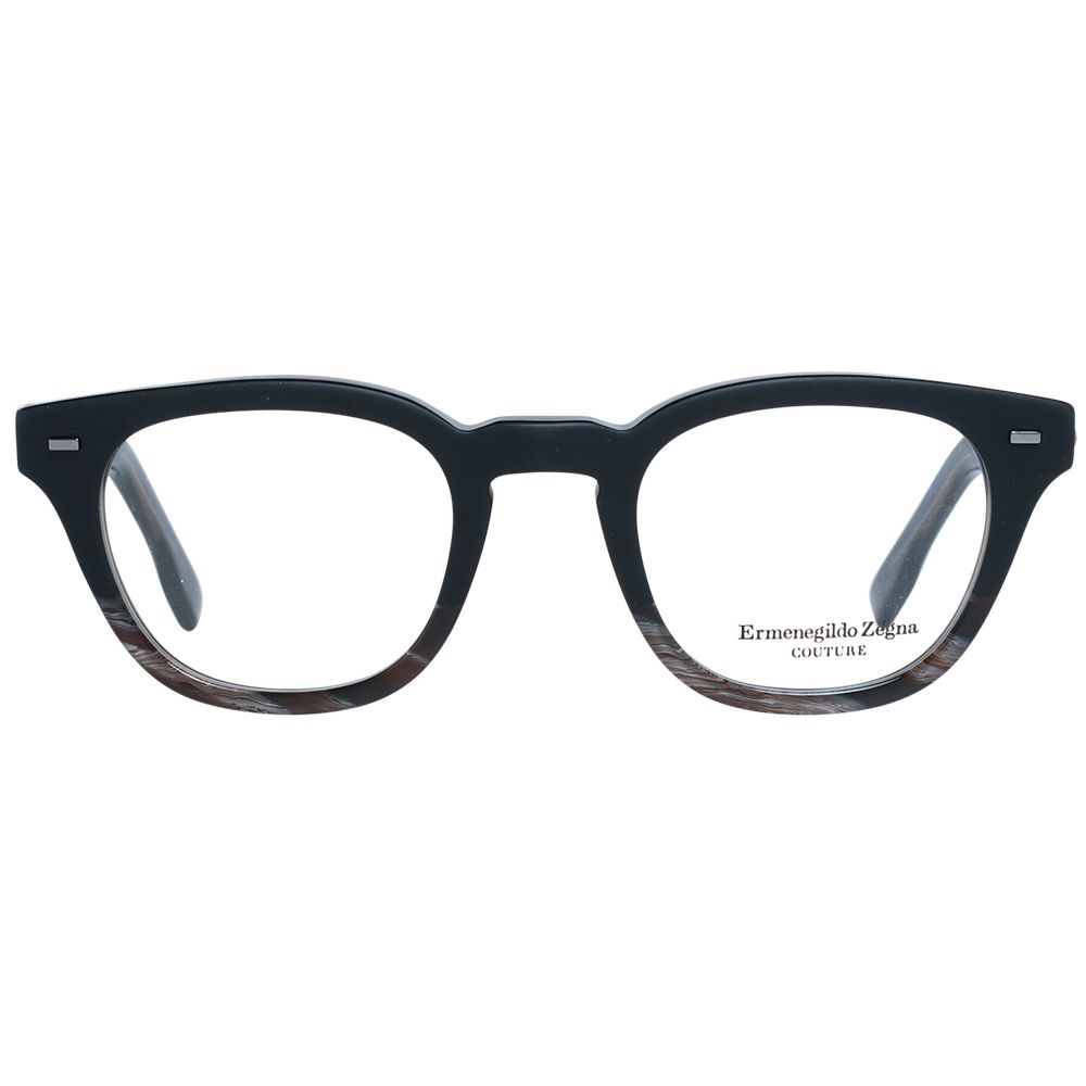 Ermenegildo Zegna black plastic eyeglass frames with sleek, modern design and clear lenses, stylish and lightweight.