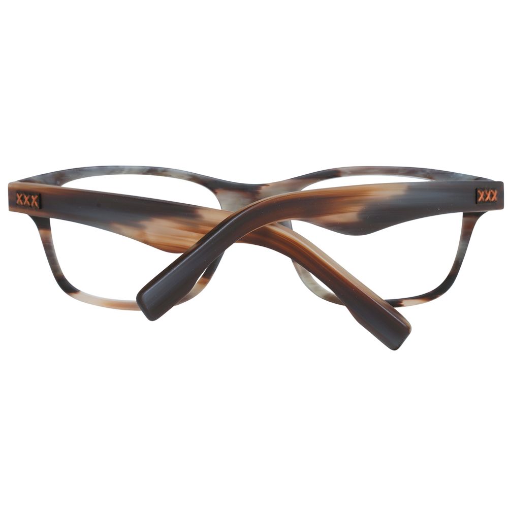 Ermenegildo Zegna brown plastic eyeglass frames with a sleek, modern design and rounded edges on a plain background.